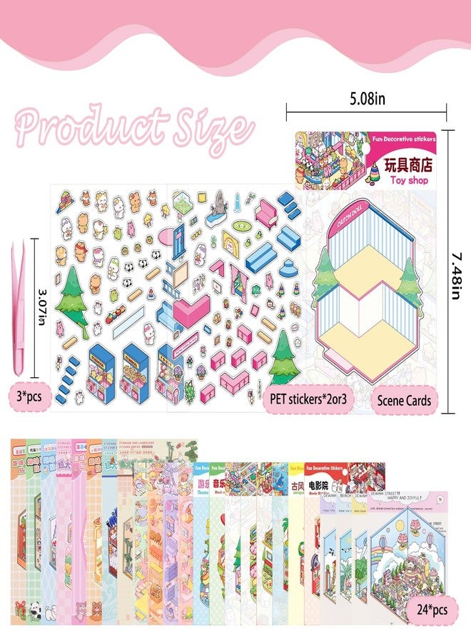GUBEARE 24 Sets 3D Sticker Scene DIY Sticker Therapy 3D House Stickers Make Your Own Cozy Room Scene,Cute Cartoon Stickers Scenes for Relief Stress Pass The Time - Image 2
